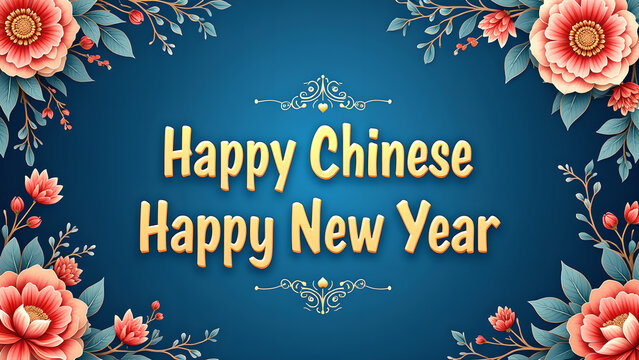 Happy Chinese New Year greeting card with flowers. Concept of celebration, festival, and tradition.