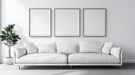 Modern white sectional sofa with fluffy cushions in a minimalist living room, complemented by blank picture frames and a potted plant.