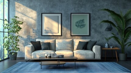 A stylish living room with modern decor, featuring a light sofa, green plants, and artistic wall frames.