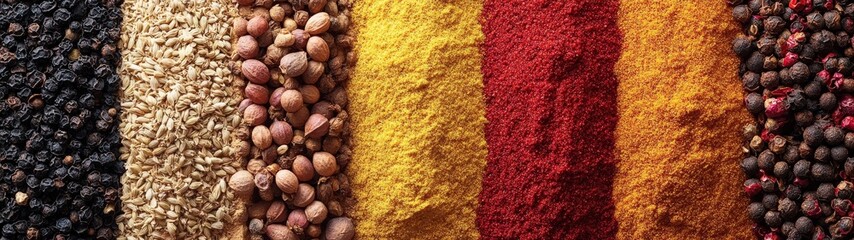 Fototapeta premium A vibrant array of assorted spices and herbs laid out in rows, showcasing rich colors and textures for culinary inspiration.