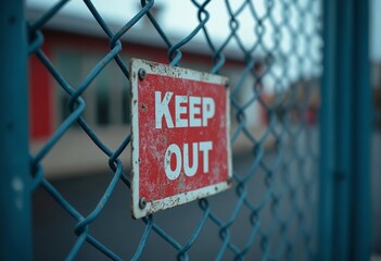A close-up of a Keep Out sign attached to a blue chain-link fence with a blurred background, emphasizing security and restricted access, textured setting
