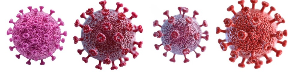 3D Virus Disease Concept. Illustrative depiction of coronavirus particles showcasing different colors and variations, representing viral structure and mutations.