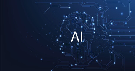 Electronic brain and Concept of artificial intelligence(AI).Graphic of a digital brain and Human head outline made from circuit board, connecting on a dark blue background.	
