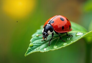 Fototapeta premium Ladybug on Dewy Leaf in Morning Light