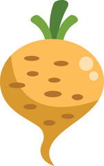 Simple vector illustration of a ripe yellow turnip with green leaves on top, isolated on a white background