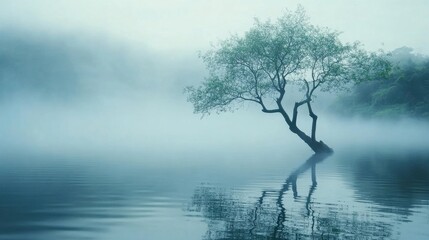 A serene landscape featuring a solitary tree in a misty lake, reflecting tranquility.