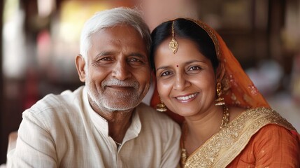 An elderly Indian couple, a man with gray hair and a smiling woman in traditional attire, enjoying a joyful moment together.