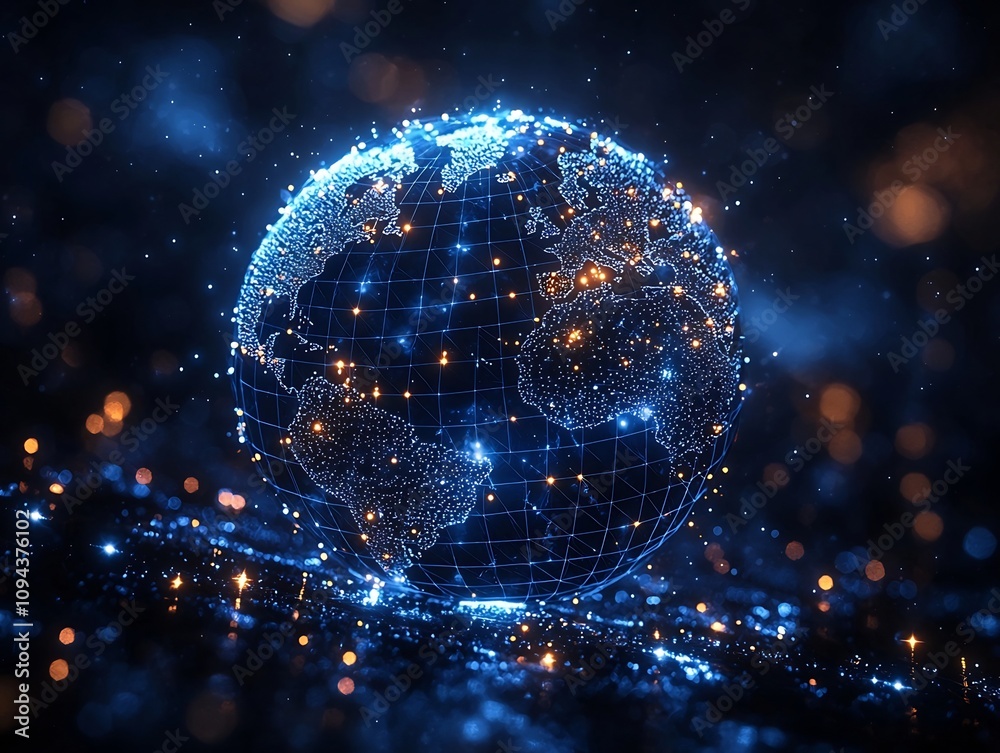 Wall mural glowing digital grids crisscrossing continents representing global data flow and tech planet concept