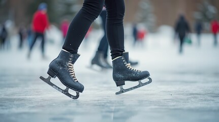 Naklejka premium Ice skating, close up of skates on ice