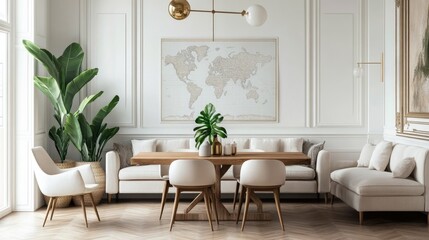 Fototapeta premium A modern, neutral-toned living space featuring a large map, plants, and elegant furniture.