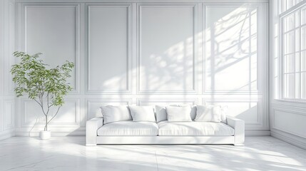 A minimalist white living room featuring a sleek couch and a potted plant, filled with natural light and soft shadows.