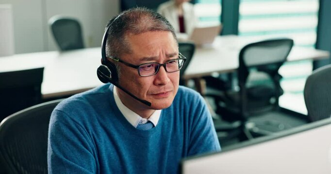 Man, call centre and confused in Japan office, crm question and reading email of customer. Mature person, telemarketing and online for global service in workplace, doubt client and uncertain feedback