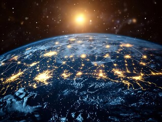 Obraz premium Illuminated Earth with Interconnected Digital Lines Symbolizing Global Connectivity and Communication