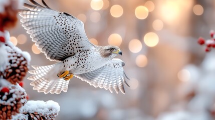 Majestic bird of prey in flight with detailed feathers soaring over a snowy Arctic landscape, realistic wildlife scene with high details