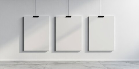 Blank White Canvases Hanging on Strings in Minimalist Gallery