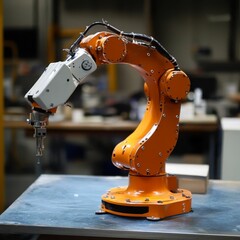 Orange robotic arm on a table.