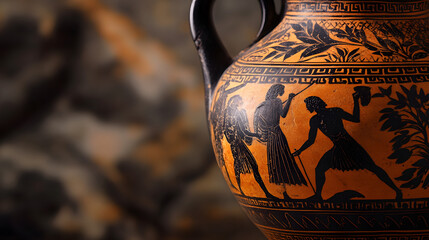 An ancient Greek amphora featuring black-figure pottery designs depicting mythological tales.
