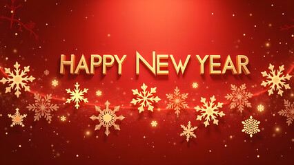 Happy New Year greeting card with golden snowflakes on red background