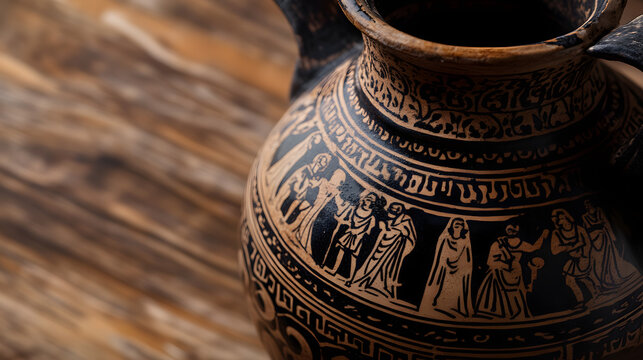 An ancient Greek amphora featuring black-figure pottery designs depicting mythological tales.