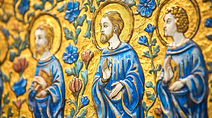 An illuminated Gothic manuscript page featuring saints and floral patterns in vibrant gold and blue.
