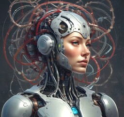 Fototapeta premium Technology illustration of cyborg with brain connections.