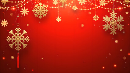 Red and Gold Christmas Background with Snowflakes and Lights