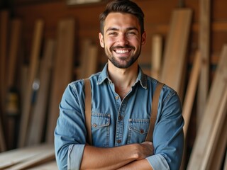 A Smiling Carpenter With a Beard Stands in a Workshop Filled With Wooden Planks During Daylight Hours