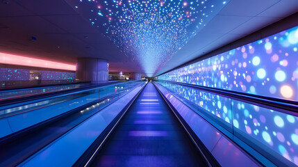 An LED projection tunnel at an airport creating an immersive futuristic travel experience.