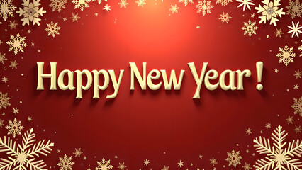 Golden Happy New Year Text with 3D Snowflakes on Red Background