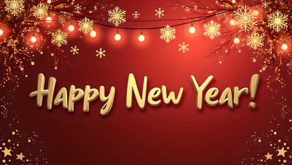 Happy New Year greeting card with gold text on red background with lights and snowflakes