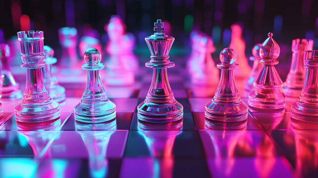 A 3D holographic chessboard with futuristic pieces glowing in bright neon colors.