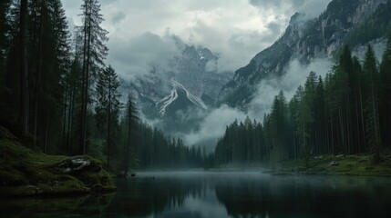 A peaceful mountain lake surrounded
