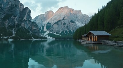 Fototapeta premium A peaceful mountain lake surrounded 