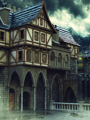 Fantasy scene with a medieval building in a town street with mountains and clouds in the background. 3D illustration. Made from 3d resources and painted elements. No AI used.