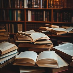 Fototapeta premium An Artistic Arrangement of Open Books on a Wooden Table Surrounded by Stacks of Books in a Cozy Library Setting with Soft Lighting