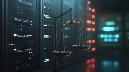 Legal balance data center digital art futuristic environment close-up view justice and technology concept
