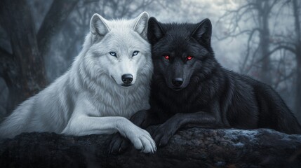 Obraz premium Two wolves, one white and one black, sit together on a rocky surface in a misty ethereal forest atmosphere