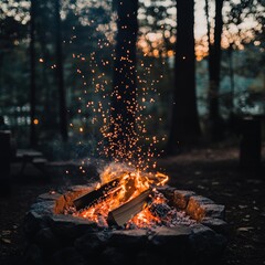 Fototapeta premium Captivating Evening Campfire in a Serene Forest with Sparkling Flames and Glowing Embers Underneath a Twilight Sky
