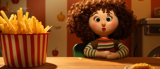 A playful cartoon depicting a doll holding French fries, evoking fun and whimsy for viewers.


