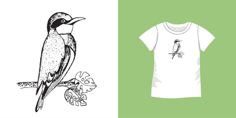 T-shirt with bird pattern. Women jersey, sport uniform kit, short fashion top, round neck blouse. Sketch Illustration. Template mock up.