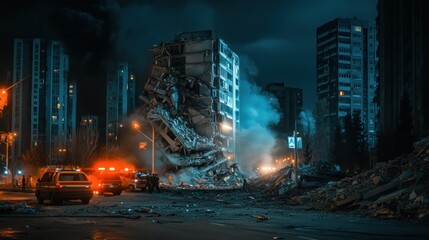 A city at night during an earthquake, lit by flickering street lights and emergency vehicle sirens background wallpaper AI generated image