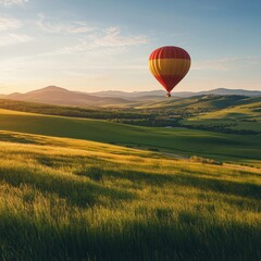 Obraz premium Colorful Hot Air Balloon Floating Over Scenic Rolling Hills at Sunset with Vibrant Skies and Lush Greenery in Serene Landscape