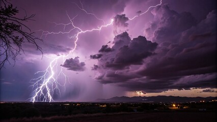 Electric purple storm clouds illuminate a darkened sky with flashes of brilliant lightning illuminating the darkness, weather phenomenon, natural wonder, atmospheric effects, purple lightning