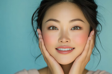 Naklejka premium Closeup portrait of beautiful Asian girl model with light makeup, glowing hydrated skin touching her face on blue background. Skincare cosmetics, cosmetology concept, face skin care beauty. 