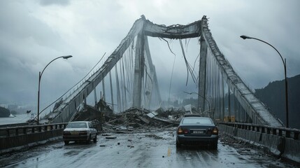 A large suspension bridge partially collapsed due to a powerful earthquake background wallpaper AI generated image