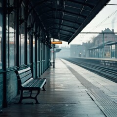 Empty train station platform during misty morning, providing a serene and atmospheric backdrop for travel, solitude, and urban exploration photography.