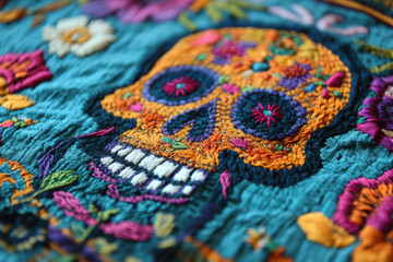 Obraz premium Embroidered Skull with Floral Designs for Day of the Dead