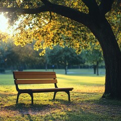 Peaceful park scene featuring a solitary wooden bench under a lush green tree, bathed in warm sunlight and surrounded by a serene natural landscape
