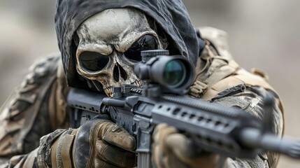 Special soldier wearing skull hood as camouflage aiming assault rifle background wallpaper AI generated image