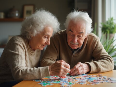 Elderly Couple Working Together on a Colorful Jigsaw Puzzle Inside Their Cozy Living Room During a Sunny Afternoon